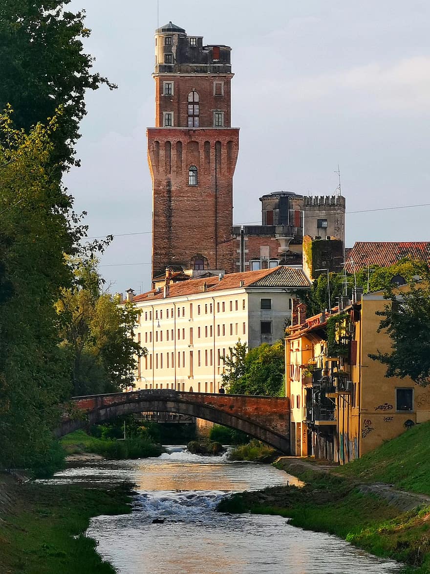 épületek, torony, épülethomlokzat, híd, folyó, folyam, patak, torkolat, fák, építészet, Padova