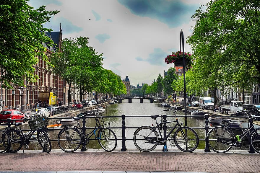 암스테르담, 보트, 운하, 물, 관광객, 건물들, 역사적인, 유럽, 자전거, 건축물, 도시의 삶