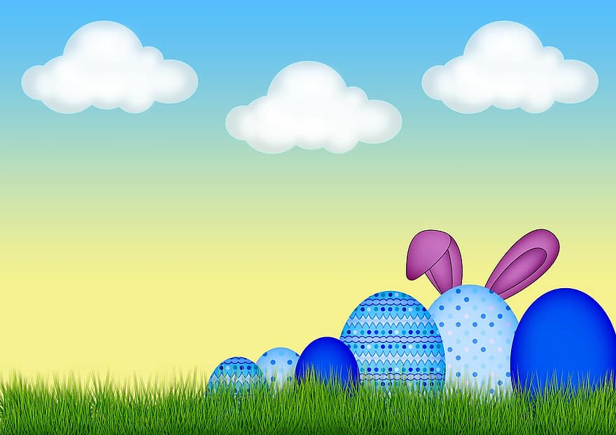 Paști, ou, iarbă, nori, iepurașul de Paște, Paste Fericit, fundal, colorat, ouă colorate, albastru, model