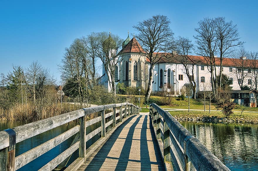 Spring, Wooden Bridge, Church, Monastery, Path, Access, Monastery Seeon, Lake, architecture, christianity, famous place