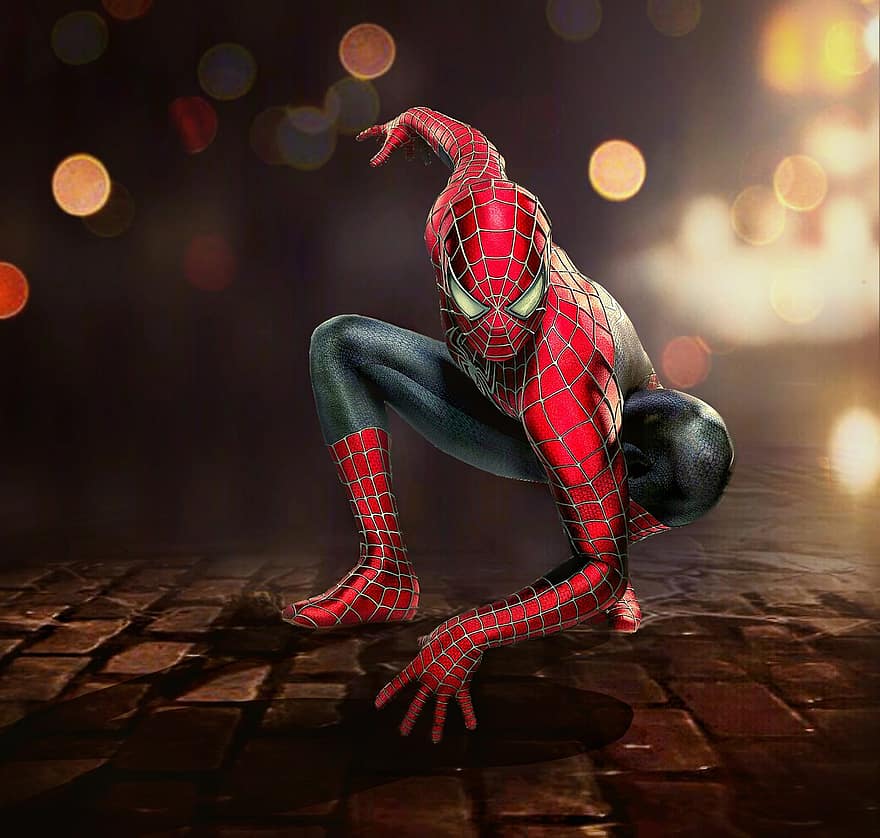Spider Man, karakter, superheld, kostuum, straat, nachtlichten, bokeh