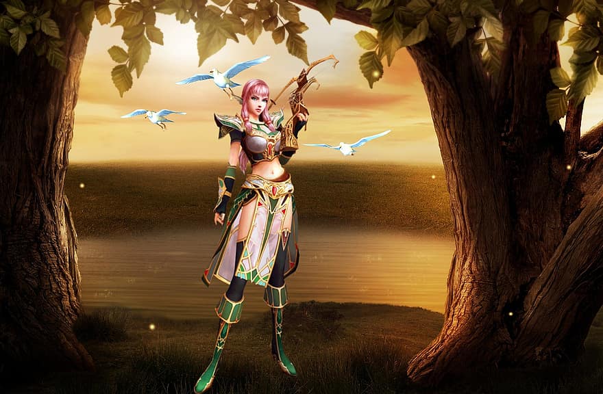 Background, Archer, Tree, Lake, Birds, Fantasy, Woman, Female, Avatar, Character, Digital Art