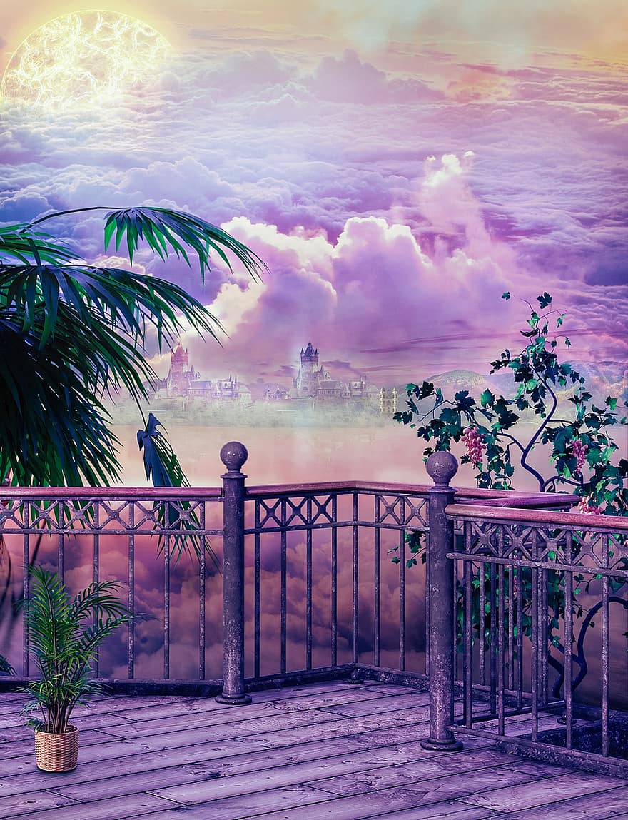 balcon, des arbres, fleurs, plante, des nuages, brouillard