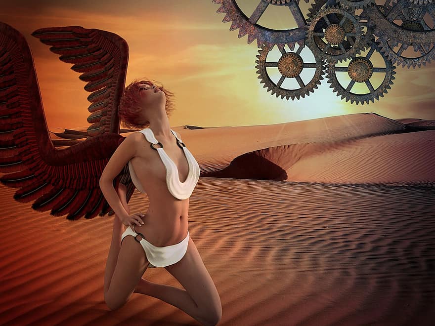 fantasi, Engel, vinger, kreativ, kvinde, surrealistisk, kunstnerisk, kunstfærdigt, solnedgang, sand, ørken