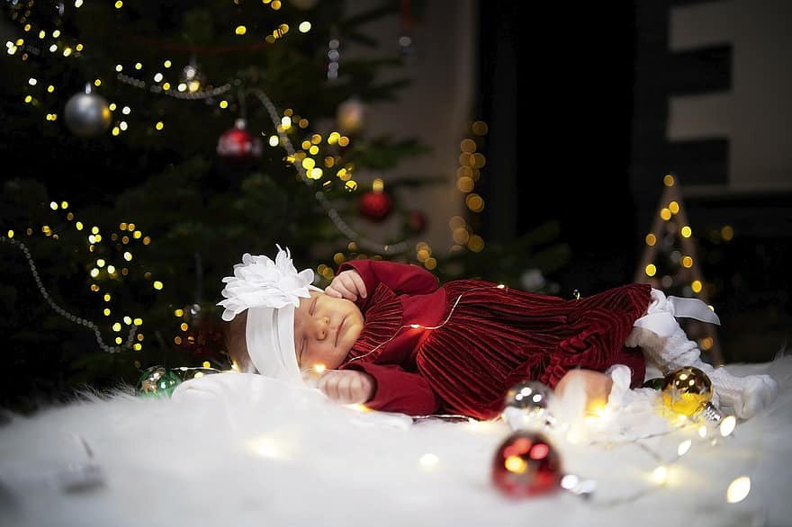 Crăciun, bebelus, nou nascut, vacanţă, sezon, portret, celebrare, copac, decor, drăguţ, fericire
