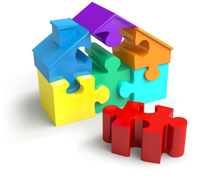 Puzzle Stücke, Hausform, Grundeigentum, Puzzle, Lösung, isoliert, Zuhause, Haus, Hypothek, Symbol, Idee