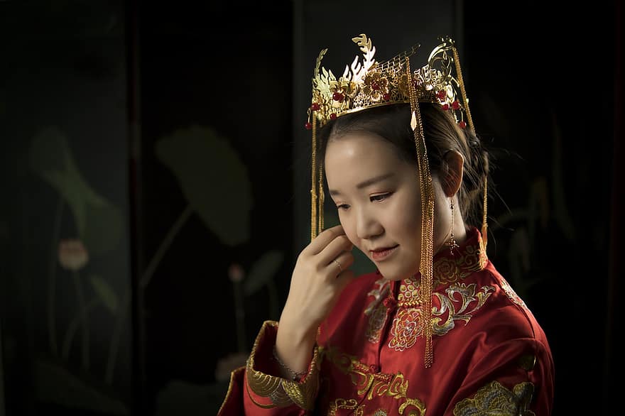 kinesisk, brud, bröllop, äktenskap, fru, porträtt, lycka, flicka, en person, kulturer, traditionell klädsel