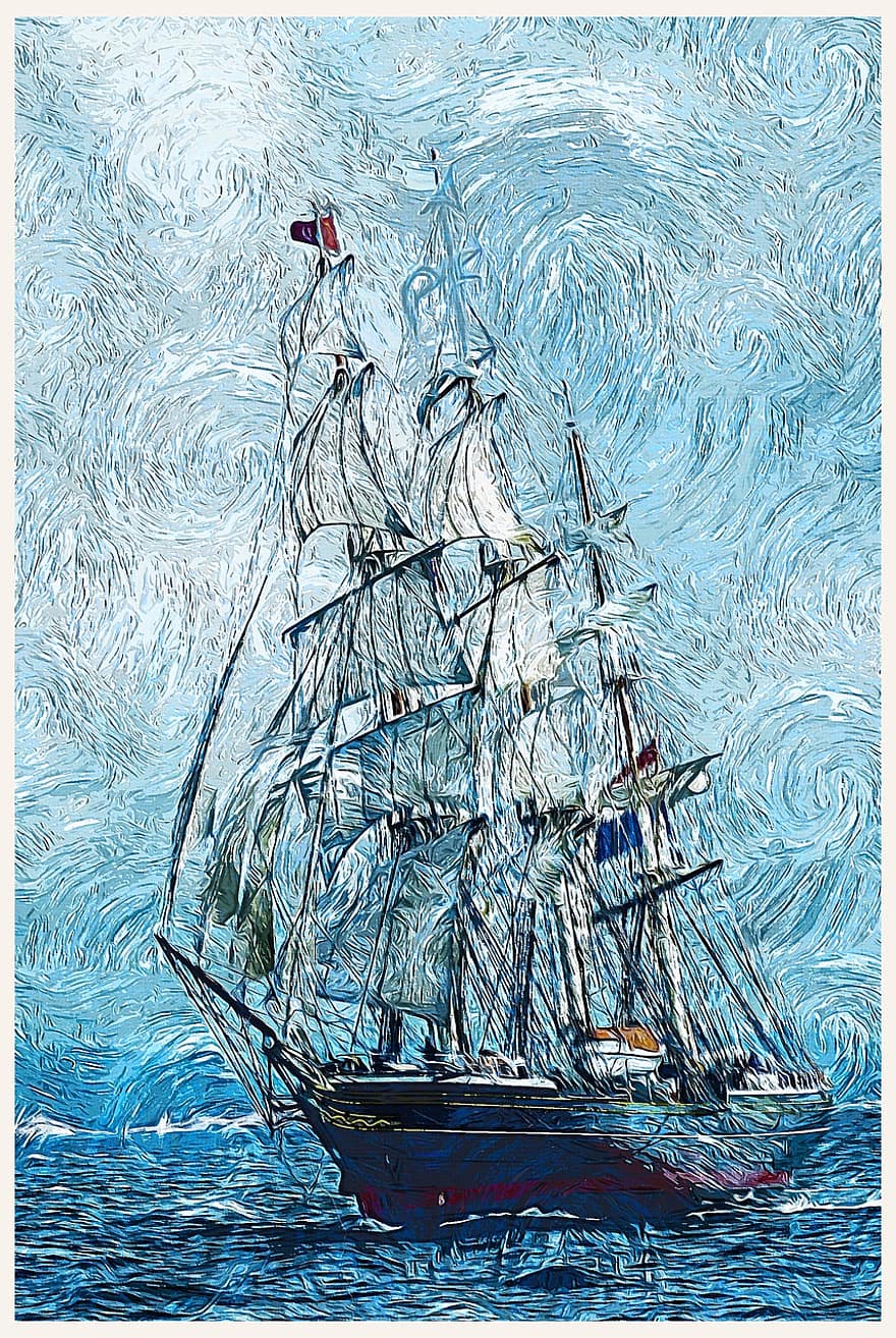 bateau, Voyage, aventure, mer, océan, La peinture, art, la créativité, bateau à voile, trois mâts, voiles