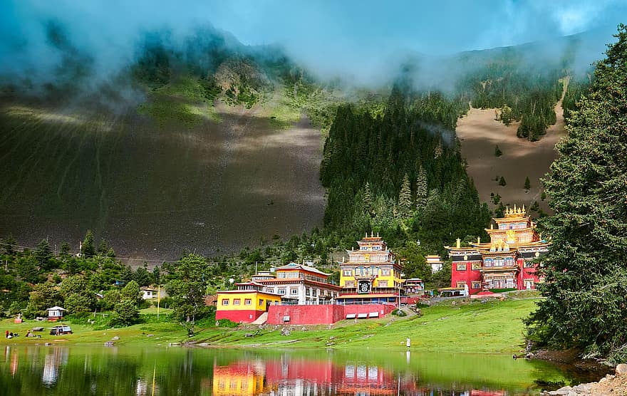 cuoka lake, templer, skyer, magisk, Vest -Sichuan, sichuan, Kina, innsjø, vann, refleksjon, fjell