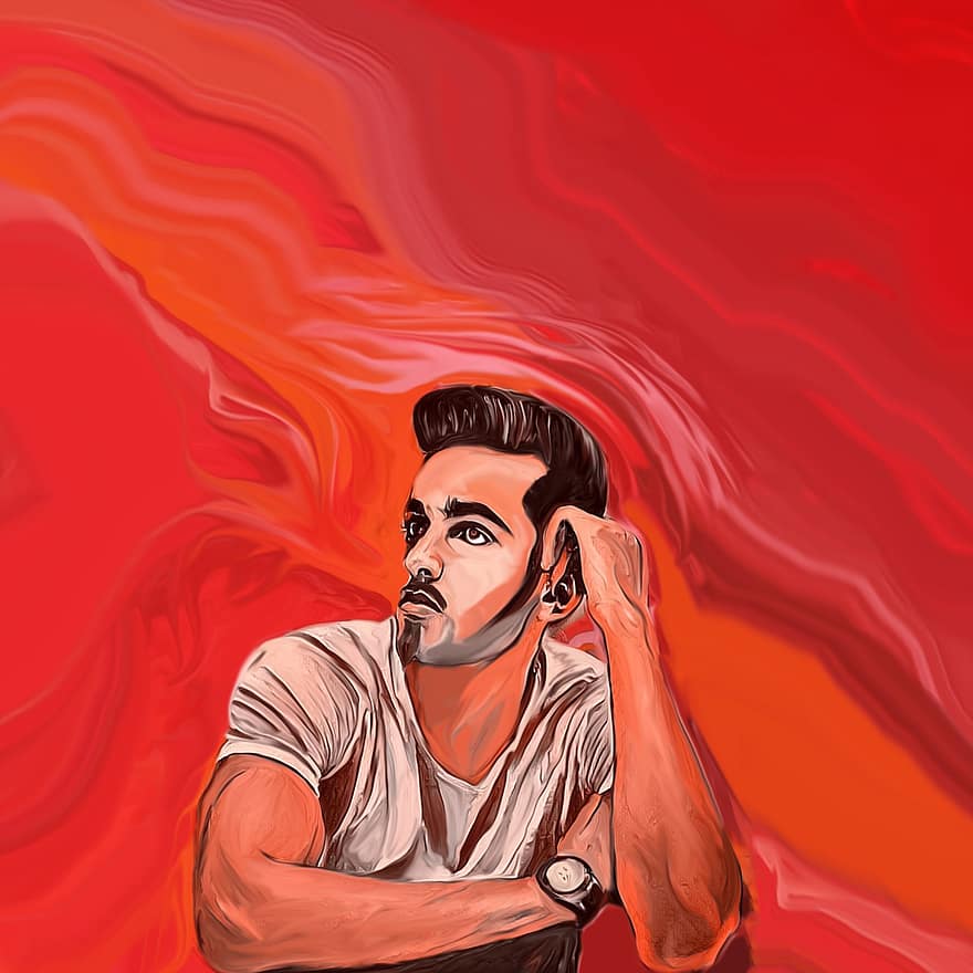 Thoughtful, Man, Thinking, Handsome, Mustache, 5 O'clock Shadow, Sideburns, Artwork, Red, Profile, Guy