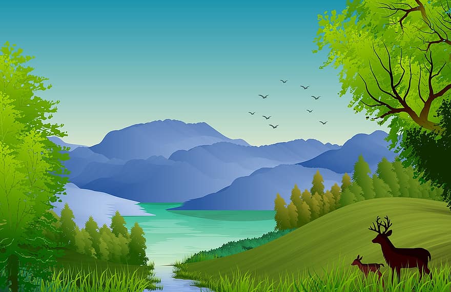 il·lustració, paisatge, naturalesa, fons, fons de pantalla, dibuix, pintura, art, plantes, muntanya, cel