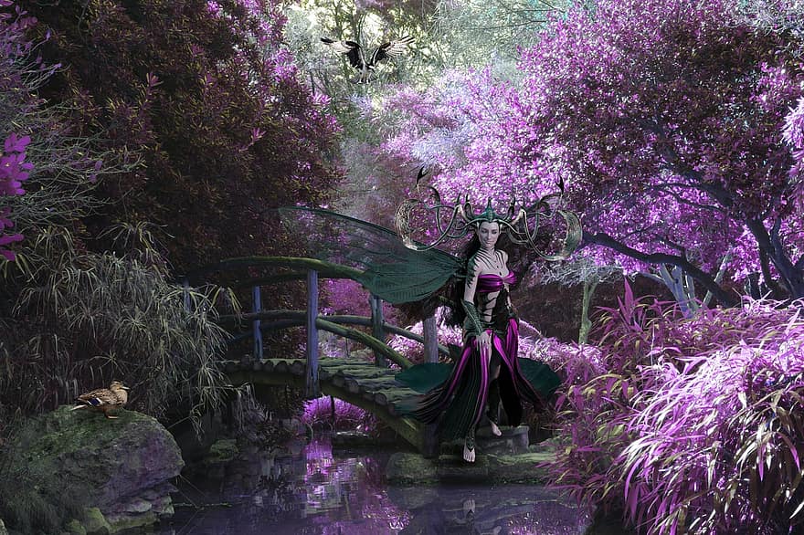 fantasía, hechicera, bosque, mujer, alas, naturaleza, estanque, púrpura, árbol, vestido, hada