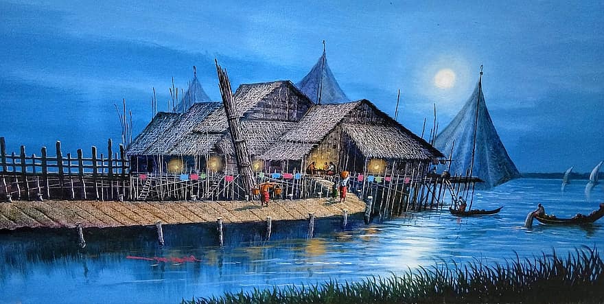 Kunst, maleri, fiske, landsby, natt, scene, båter, mennesker, living