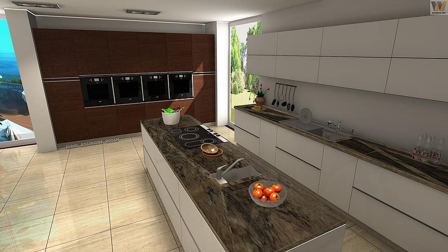 køkken, design, indre, hjem, moderne, arkitektur, laver mad, luksus, indretning, beboelse, bord