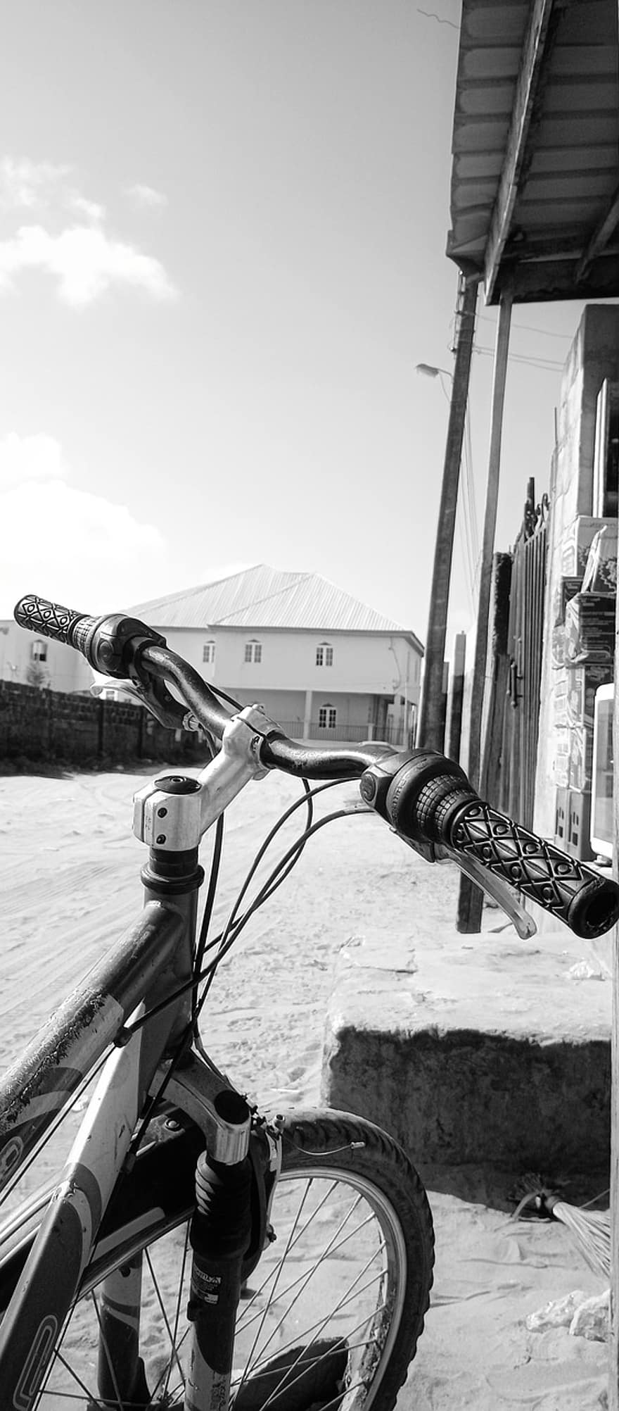 velosipēdu, iela, ceļš, melns un balts, smiltis, ārā, mājas, apkārtnē, lagosa