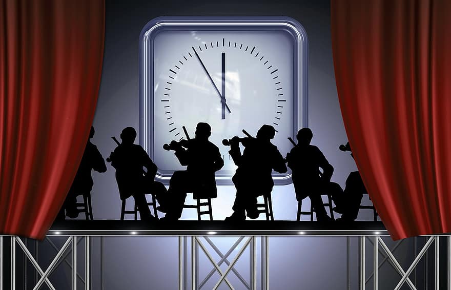 этап, Сценическое изображение, Vorhnag, шоу, музыкант, силуэты, счетчик Гейгера, скрипка, Часы, указатель, минут