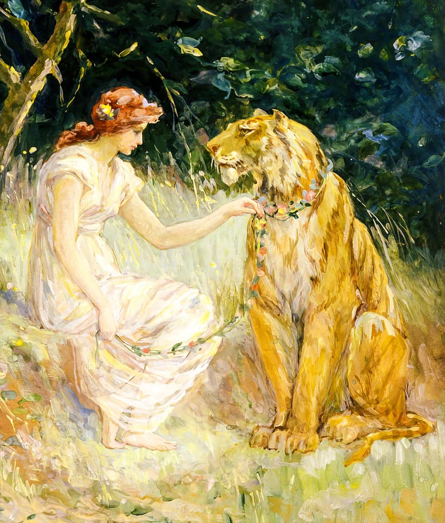 signora, tigre, pittura, opera d'arte, felino, gattopardo, donna, Principessa, bella, mistico, strega