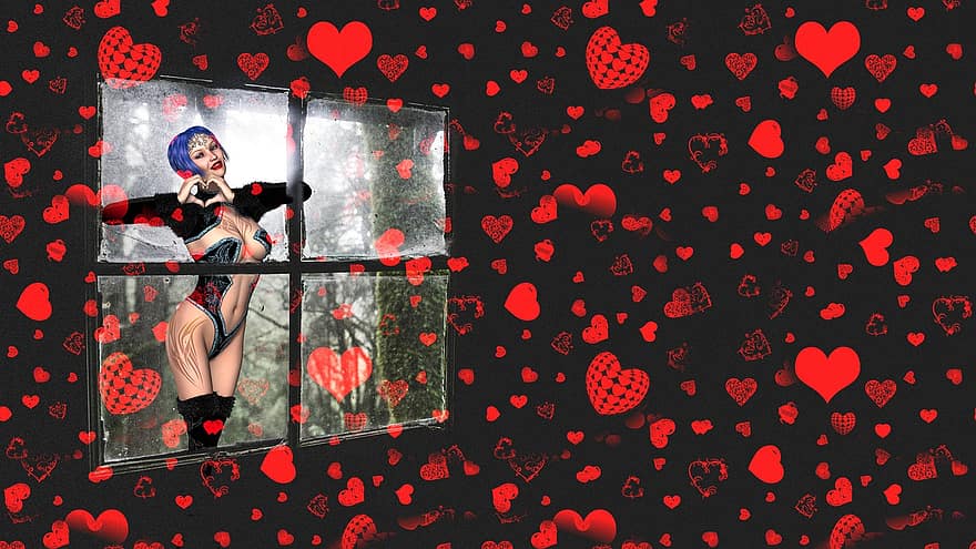 Background, Dark, Hearts, Window, Woman, Fantasy, Female, Character, Digital Art, love, romance