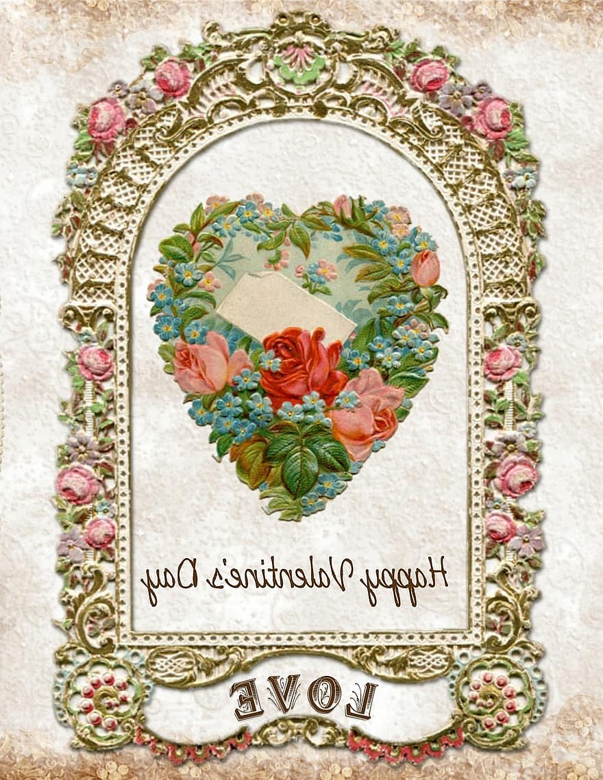día de San Valentín, amor, enamorado, tarjeta, florido, vendimia, cuadro, oro, decoración, romántico, frontera