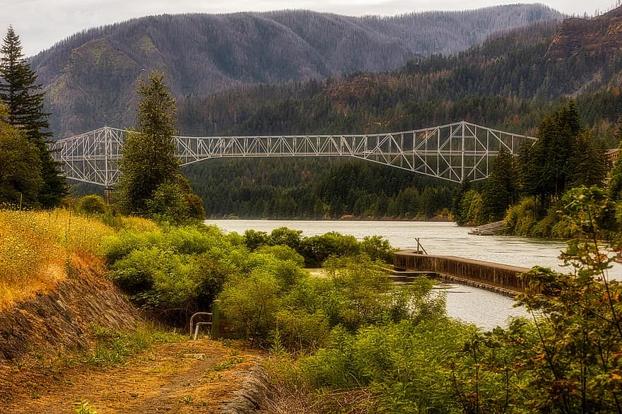 River, Bridge, Mountains, Bridge Of The Gods, Northwest, Nature, Summertime, Pacific, Scenic, Outdoors, Oregon