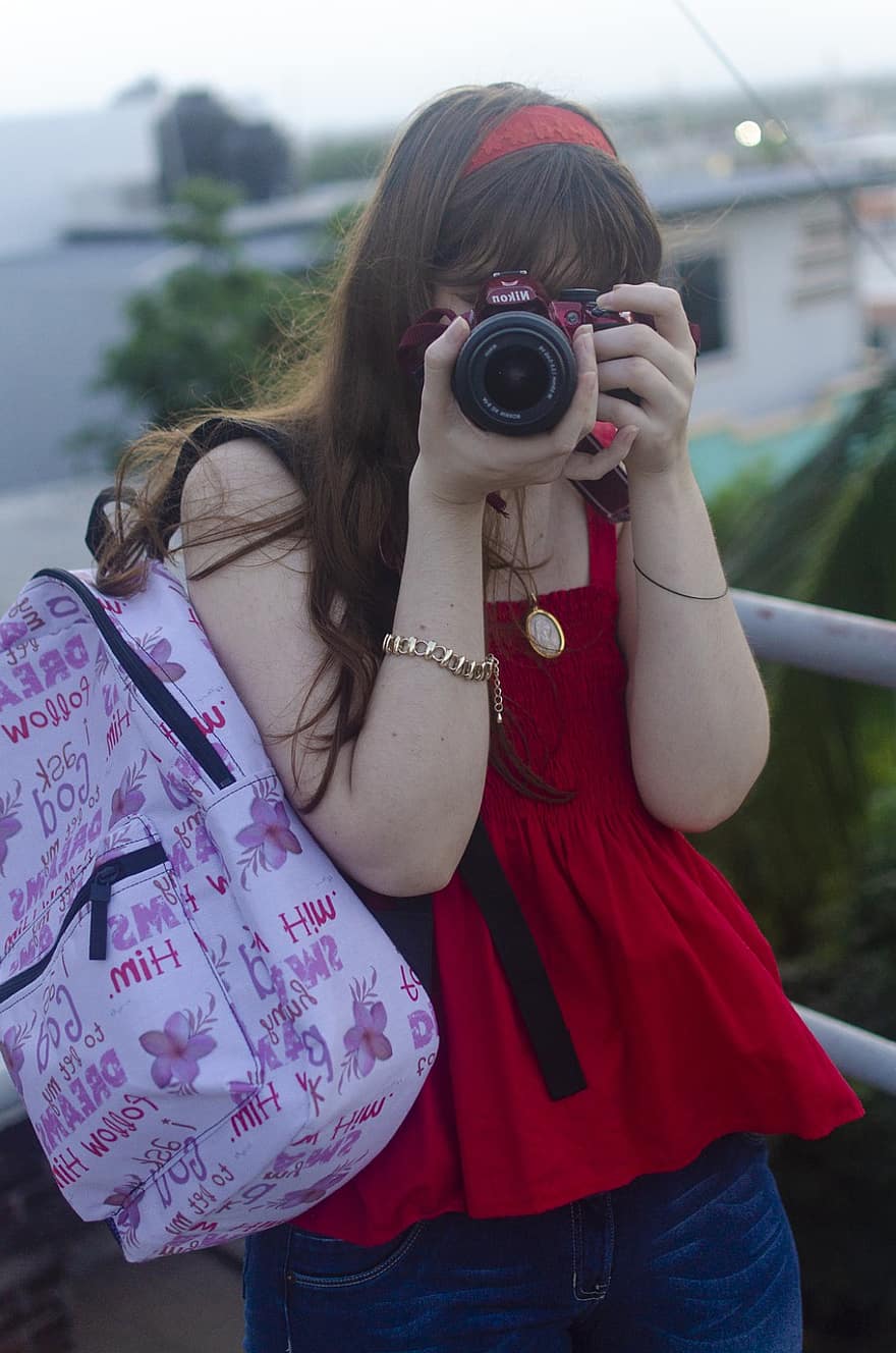 flicka, fotograf, kamera, ryggsäck, studerande