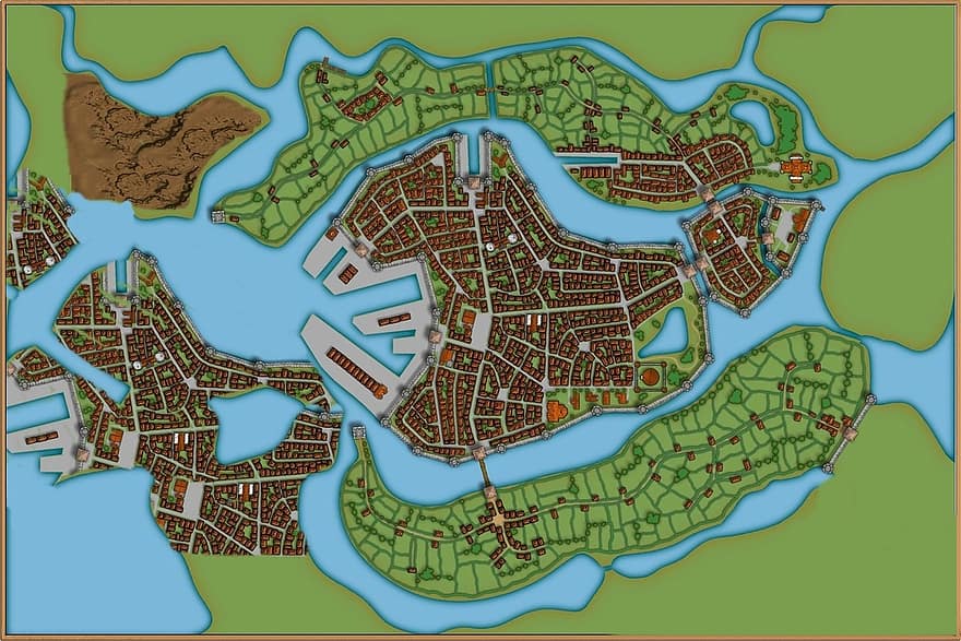 Karta, ö, stad, hamn, hus, väg