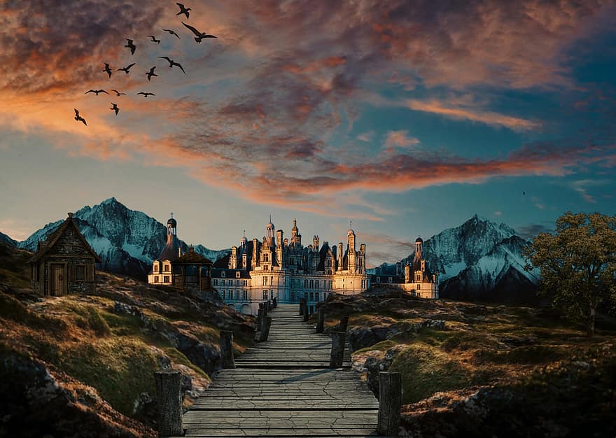 sceneria, zamek, starożytny, hobbit, Fantazja, Góra, krajobraz, zachód słońca, zmierzch, noc, drewno