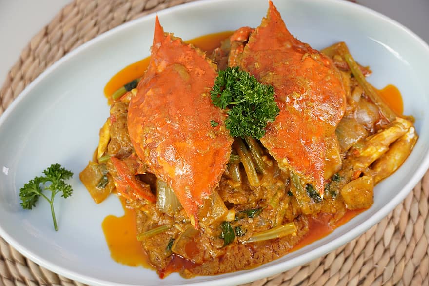caranguejos, Curry, frutos do mar, prato, marisco