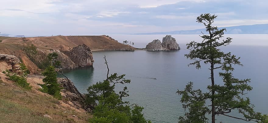 sø, Dam, bakker, klipper, båd, mennesker, græs, stier, Olkhon, ø, Baikal