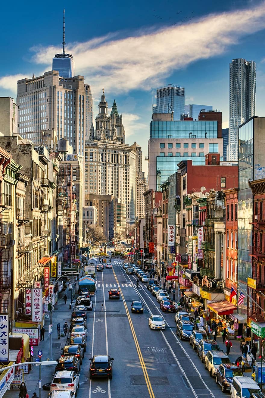 prédios, arranha-céu, rua, estrada, carros, veículos, tráfego, urbano, chinatown, Manhattan, Nova York