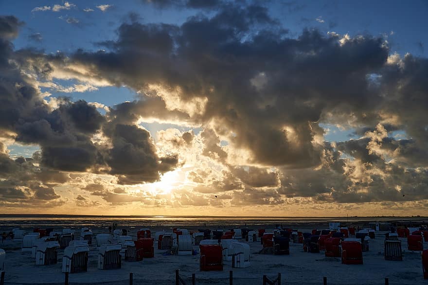 Sunset, Sea, Coast, Beach Chair, Sand, Sky, Clouds, Vacations, North Sea, Bensersiel, Wadden Sea