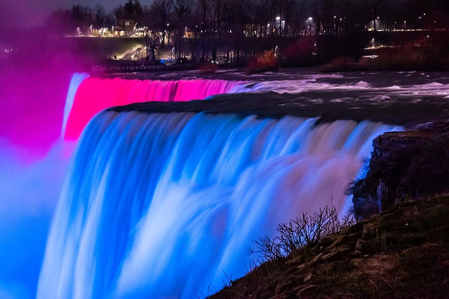 Niagarafälle, Wasserfälle, Beleuchtung, Nacht-, Stürze, Wasser, Natur, Ontario