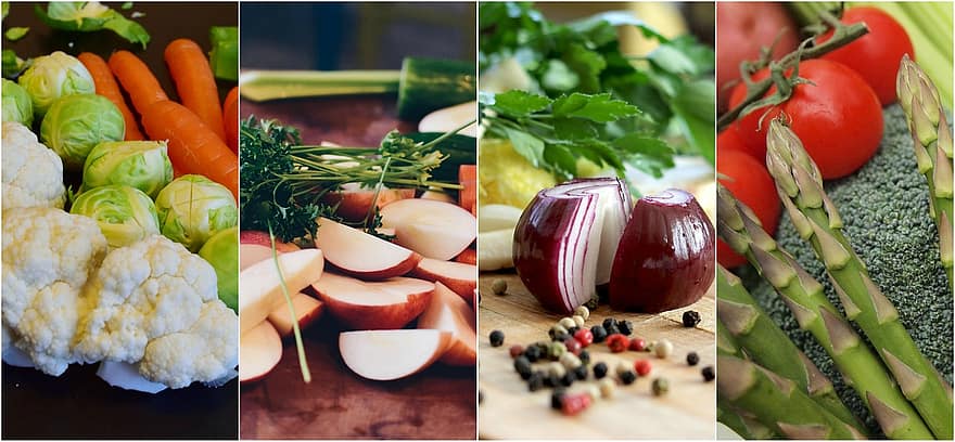 grönsaker, collage, mat, hälsosam, färsk, diet, näring, organisk, vegetarian, vitaminer