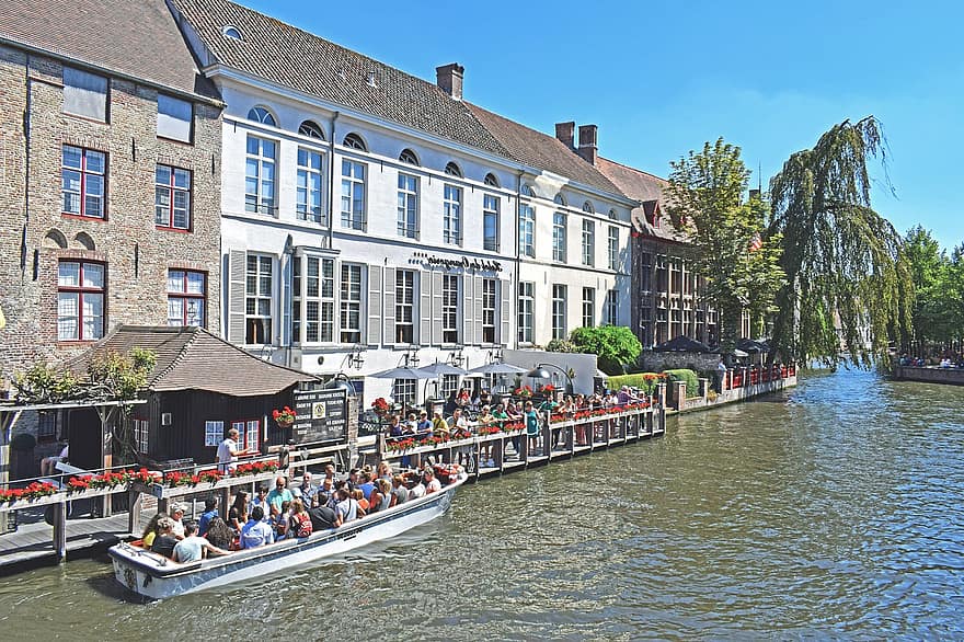 Brugge, architektūra, pastatas, miestas, Belgija, kanalas, Miestas, turizmą, kelionė, laivas, vanduo