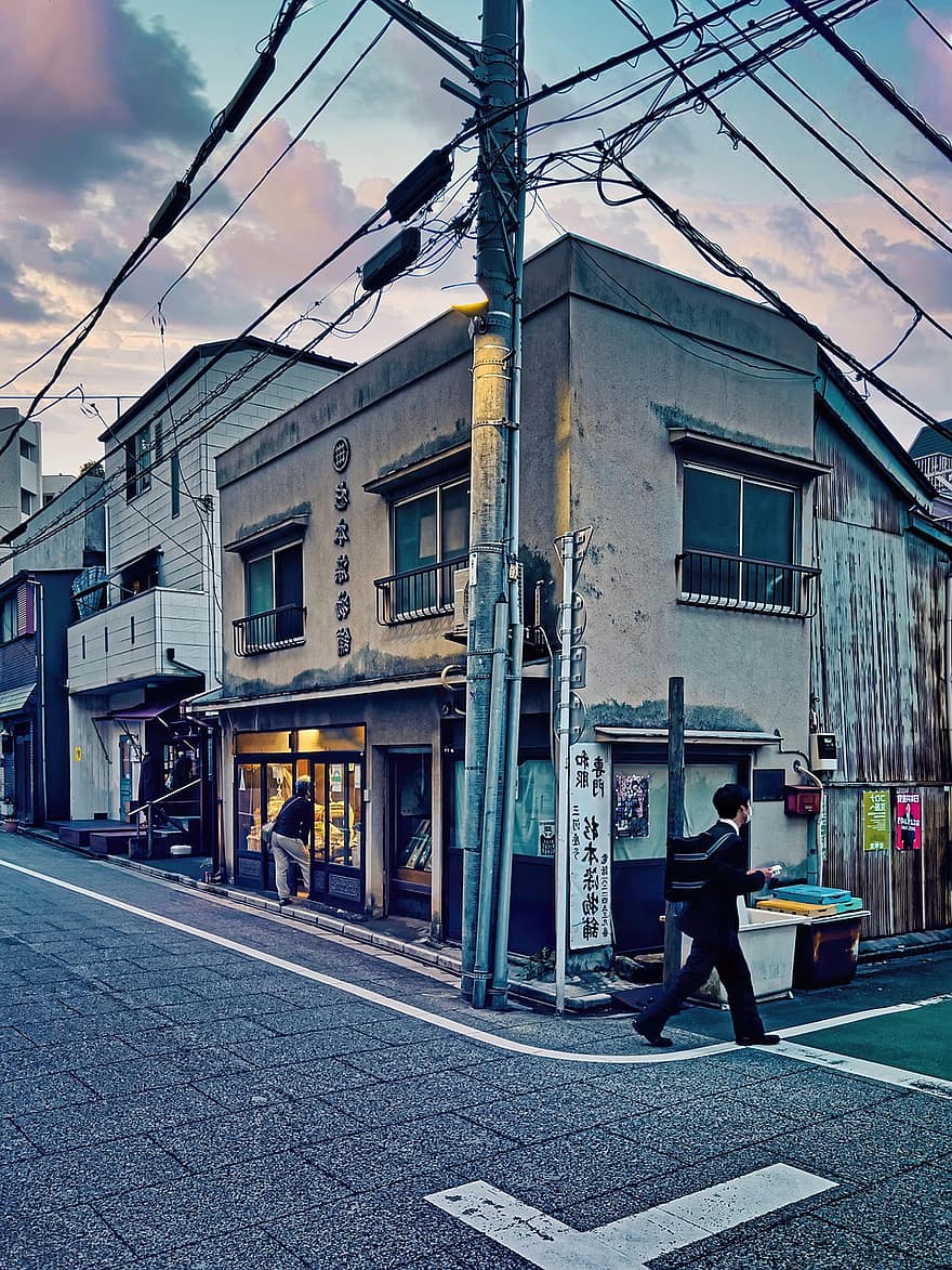 αστικός, αρχιτεκτονική, δρόμος, πεζοδρόμιο, παλιό κατάστημα, Τόκιο, Ιαπωνία, η δυση του ηλιου