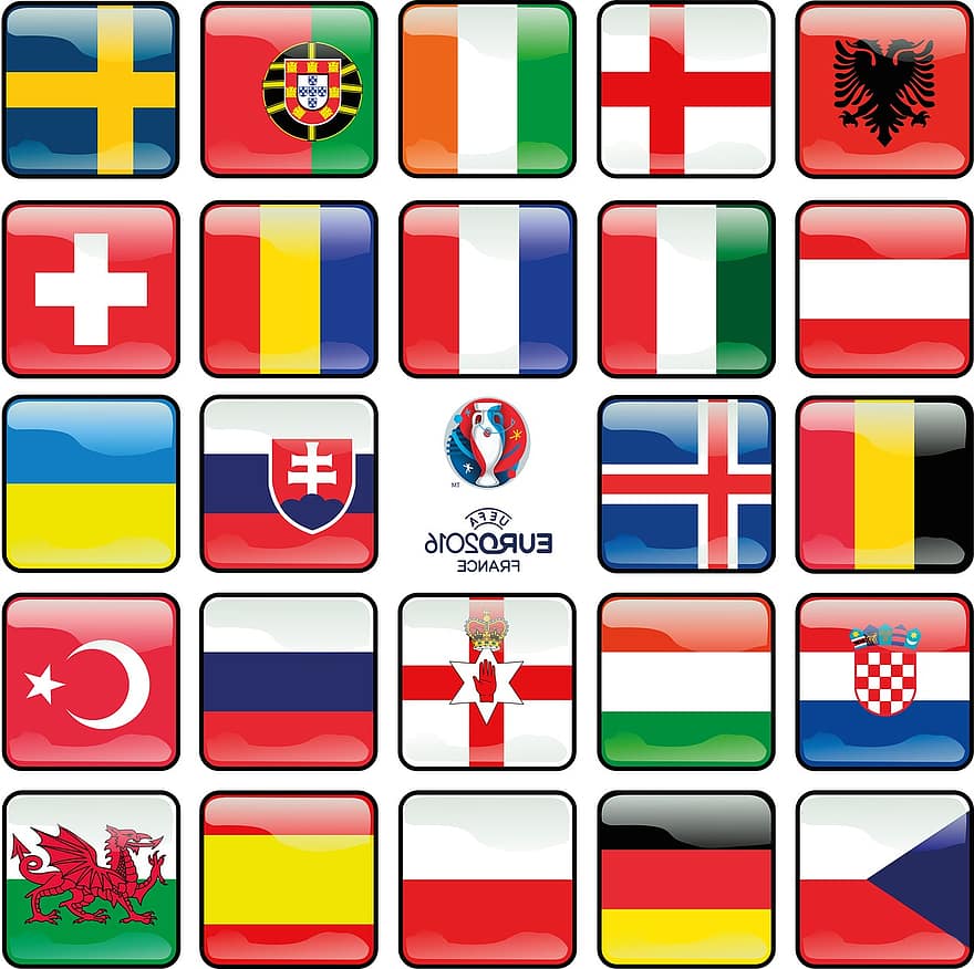Football, European Championship, 2016, Men, Em, Sport, Signet, Flag, Blue, White, Red