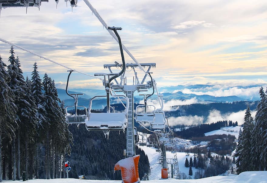 スキーリフト、スキーリゾート、雪、輸送、交通手段、ウィンタースポーツ、スキー場、木、見る、雪が多い、山岳