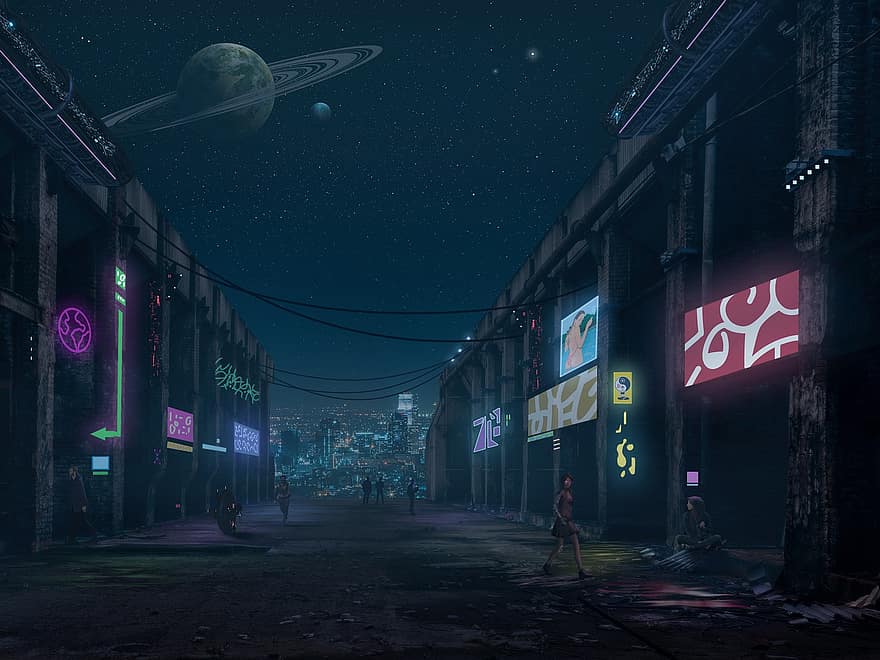 miestas, futuristinis, naktis, užsienietis, sci-fi, distopija, planetos, erdvė, visatos, cyberpunk, tapetai