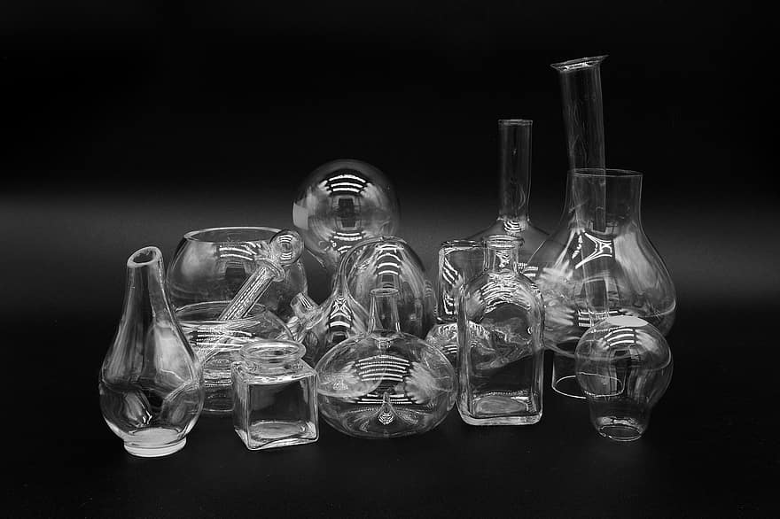 стакан, изделия из стекла, черное и белое, контейнер, графин, судно, жидкость, бутылка, прозрачный, крупный план, наука