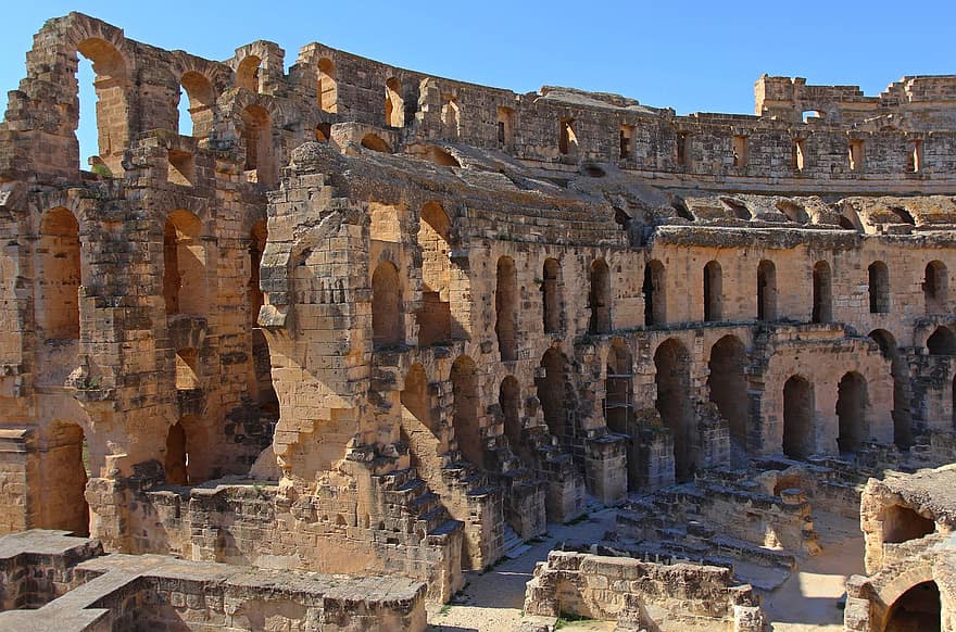 руини, арена, античен, бивш, Тунис, Рим, римски, известното място, история, стара руина, архитектура