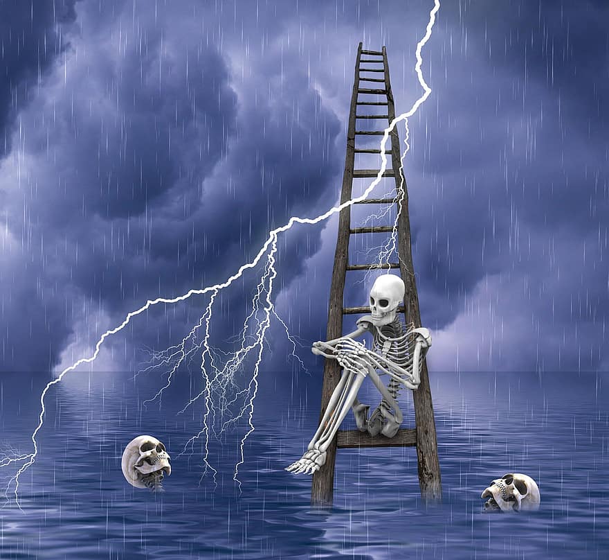 stege, skelett, skallar, ben, odöda, död, regn, regnar, åskväder, havstorm, hav
