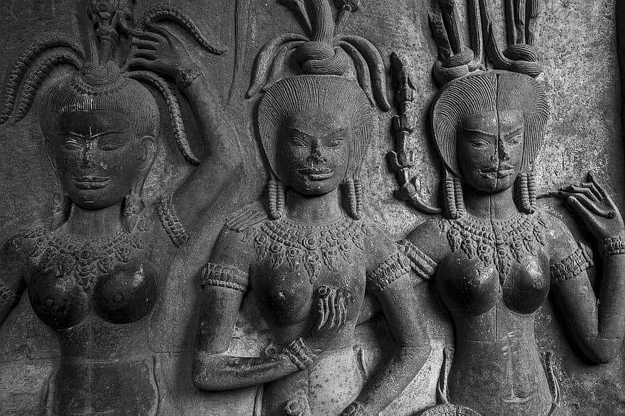 Kambodża, Angkor Wat, skronie, posągi, kamienne posągi, dziewczyny, rzeźby, religia, kultury, starożytny, rzeźba