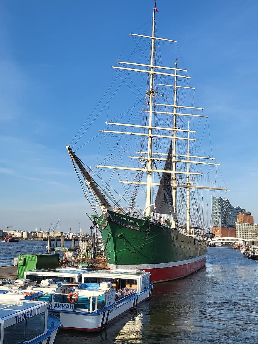 Hamburg, hamburgensien, Motywy portowe, motywy portowe, żaglowiec szkolny, statek morski, statek żaglowy, transport, żaglówka, dok handlowy, Żeglarstwo