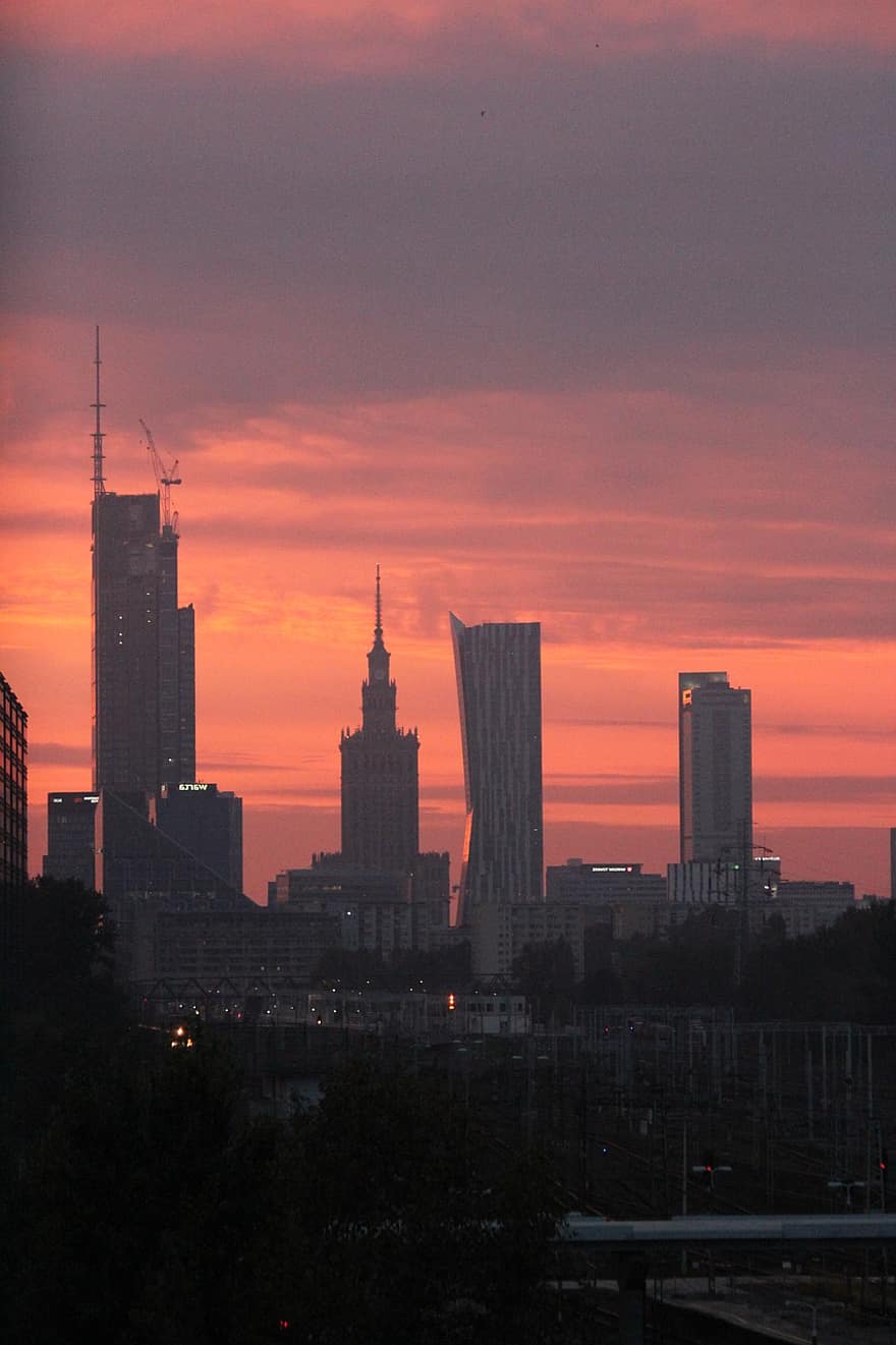 rakennukset, pilvenpiirtäjät, siluetti, Varsova