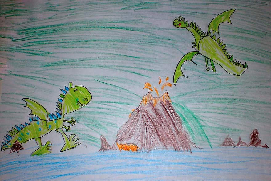 детский рисунок, драконы, вулкан, летающие воздушные змеи, покрасить, рисовать, картина, цветные карандаши, Рисование