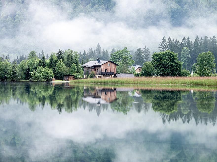 Almsee, lago, Austria, Grünau im Almtal, Salzkammergut, montañas, Alpes, naturaleza, bosque, paisaje, verano