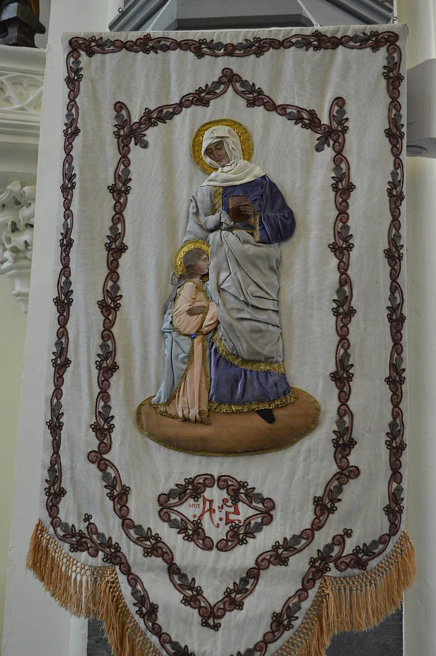 bannière, saints, brodé, Marie, mère, fille, halos, en tissu, catholique, religion