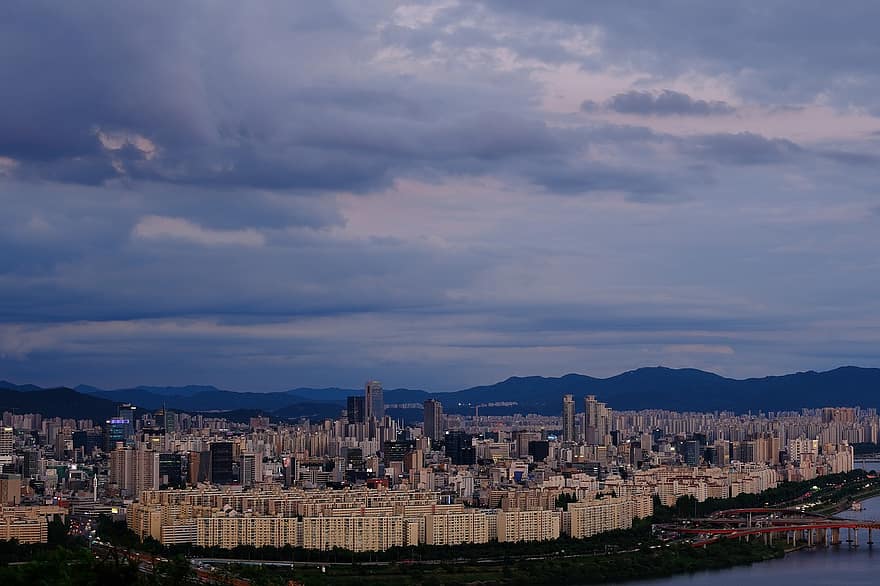 flod, solnedgang, by, by-, bro, bygninger, arkitektur, seoul, Sydkorea, bybilledet, by skyline