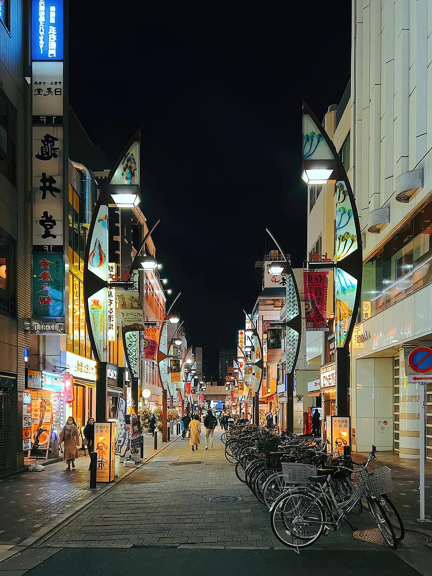 stad, resa, turism, Asien, gata, Ameyokocho, japan, lampor, marknadsföra, marknadsgatan, natt