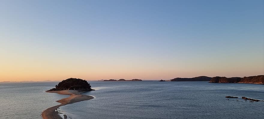 República de Corea, naturaleza, cielo, puesta de sol, brillar, playa, Isla Mok, línea costera, agua, acantilado, verano
